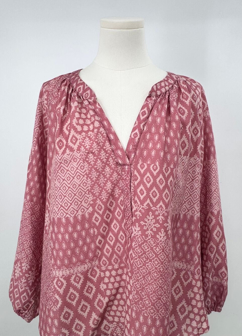 Xirena Pink Mauve Cotton Silk Popover Blouse V-neck Block Print Boho Top XS